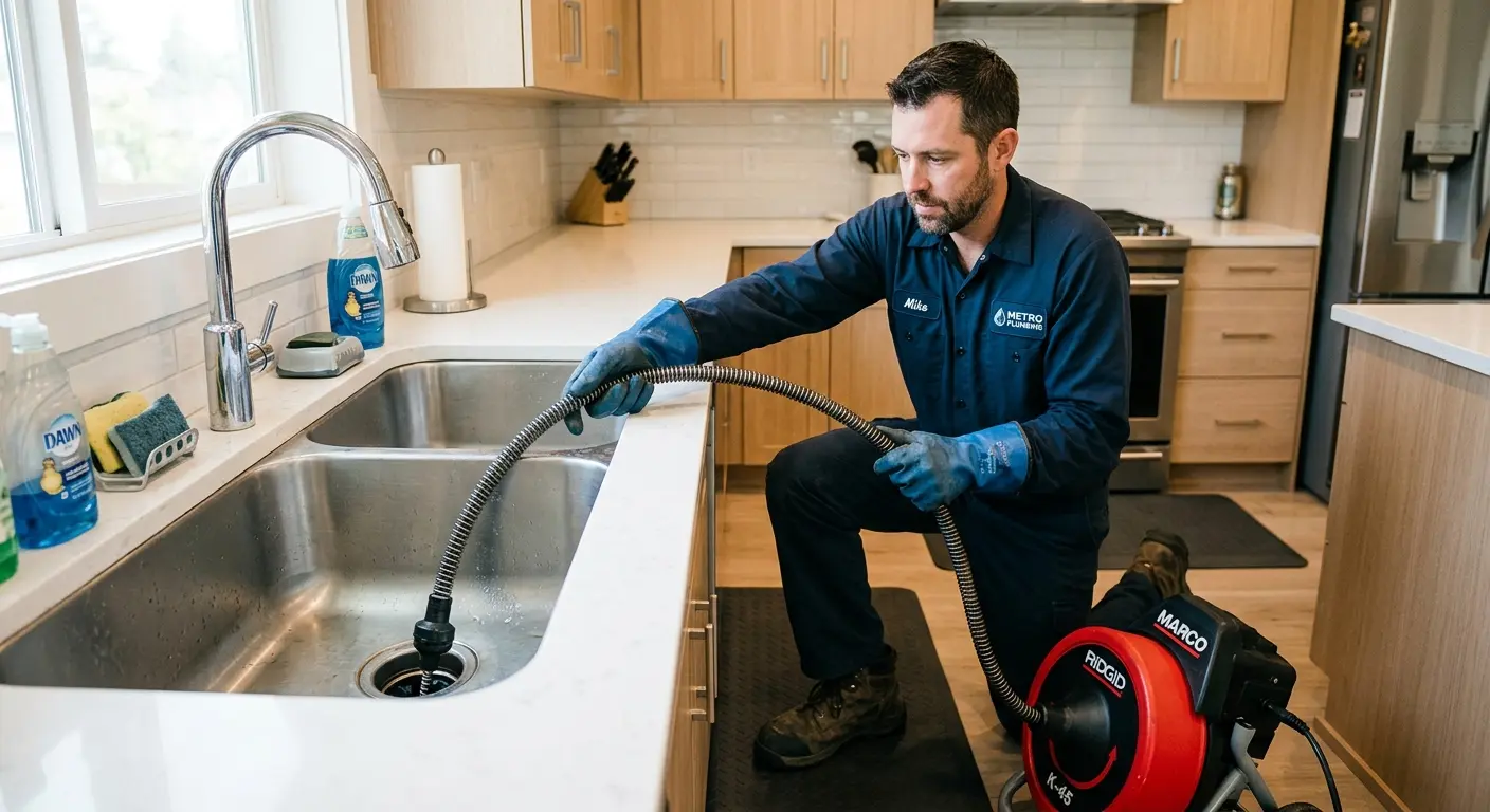 Drain cleaning technician using a motorized snake on a kitchen sink in Lebanon
