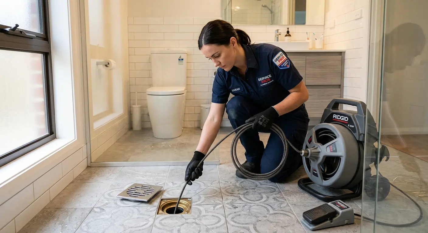 Technician clearing a bathroom floor drain for Sewer Line Replacement in Lebanon